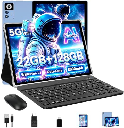 ZIOVO Tablet Android 14 Tablet 10 Pollici, 22GB RAM+128GB ROM (TF 1TB), 5G WiFi Tablet, Widevine L1/Octa-Core/8000mAh/Corpo Metallico/8+5MP/Supporto Netflix, 2 in 1 Tablet con Tastiera e Mouse - Blu