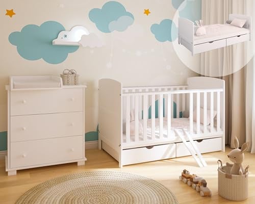 ZEE - Babybett Kinderbett, 2w1 Bett Philip - mit 2 Schubladen, Skandinavischer Stil und Beinen aus Holz, mit Höhenverstellung - Umbaubar zur Couch - Wächst mit dem Kind - 140x70cm - Weiß