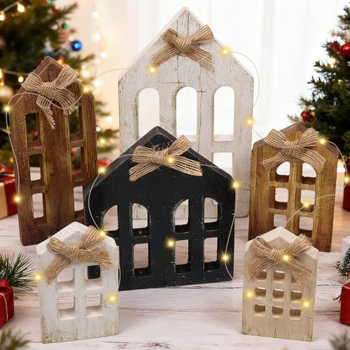 KIKVTER LED Holz Weihnachtsdekorationen, Dekorativer Ständer für Weihnachten, LED-Hausdekorationen, Schreibtisch Weihnachtsdekoration, Weihnachten Holz Tischplatte Dekoration für Wohnkultur (6 Stück)