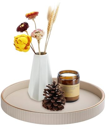 Serviertablett - Ø 30x3cm Leder Rund Deko Tablett, Groß Deko Tablett, Teelichthalter Nachttisch Ablageschale, für Küche, Wohnzimmer, Schlafzimmer - Milchteefarbe