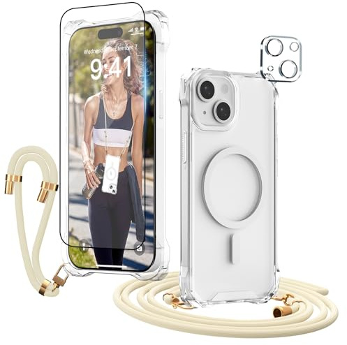 Beige Handykette für iPhone 14 Hülle mit Band Panzerglas Kameraschutz | Handyhülle Kompatibel mit Magsafe, Handyband mit 2 Displaychutzfolie 2 Kamera Schutzfolie, Schutzhülle für iPhone 14