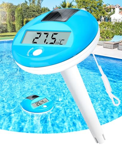 PoolLeader Digital Poolthermometer Solar | Pool Thermometer Schwimmend mit Schnur | Großes LCD-Display für Gute Lesbarkeit & IP68 Wasserdicht | Schwimmend Wasserthermometer Pool für Spa & Teich