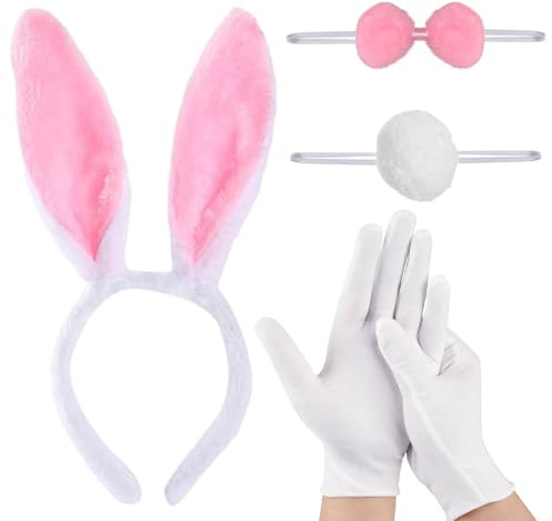 TGKEAIY 4 Pièces Ensemble Déguisement de Lapin, Costume de Lapin Rose pour Adultes, Oreilles de Lapins de Pâques Queue Cravate Blanc Gants, pour Cosplay Fête Carnaval Halloween