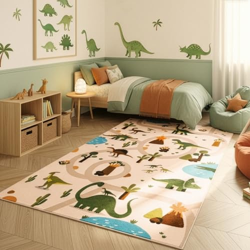 SIMPEX Kinderteppich Dinosaurier Spielteppich für Kinderzimmer in Beige Dino Motiv mit Straßen Größe 140x200 cm für großzügige Spielflächen