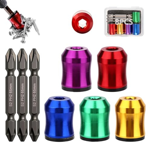5PCS Strong Magnetic Screw Ring with 3PCS Ph2 Bits, Upgrade Screwdriver Head Holder, Removable Anti-Slip Drill Bit Rings for 1/4 Hex Screwdrivers & Power Bits, Universal Alloy Tool (8Pcs)