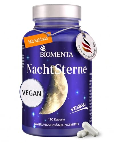 BIOMENTA Nacht Sterne | 120 Kapseln mit 150 mg Baldrian pro Einheit | Nahrungsergänzungsmittel mit GABA & Magnesium | Vegan, laktosefrei & zuckerfrei | Laborgeprüfte Qualität