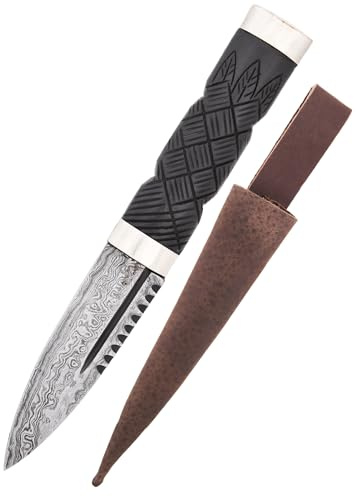 Battle-Merchant Sgian Dubh, Schottisches Messer, Damaststahl, Lederscheide | Deko Dolch, Strumpfdolch, ca. 19,5 cm, Holzgriff, Ausstellungsstück, handgeschmiedet, Reenactment, ab 18