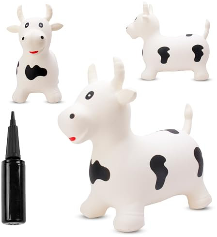 sun baby Hüpftiere ab 1 Jahr mit Pumpe aufblasbares Hüpfspielzeug aus Hochwertigem und Strapazierfähigem Gummi, Verschiedene Designs (Weißer Stier)