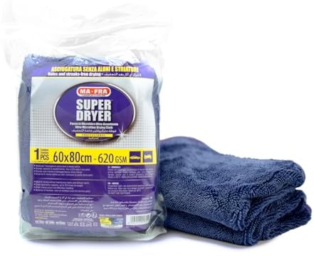 Ma-Fra, Super Dryer, Panno in Microfibra Ultra-Assorbente per una Asciugatura Perfetta di Tutte le Superfici Esterne dell'Auto, Non Lascia Aloni o Striature, Ultra Resistente e Maxi Formato 60x80cm