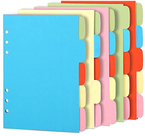 Teenitor 5 Sets A5 Subject Dividers Paper Sheet, Colorful 6 Holes Punched File Card Dividers, Tabbed Index Divider for Notebook Insert Planner Orange Pink Yellow Blue Green, Total 25 Sheets