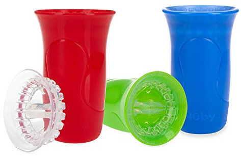 Nuby 3-Piece No-Spill Smart Edge 360 Cup with Touch Flo Easy Clean Silicone Rim, 10 Oz, Boy (Colors May Vary)