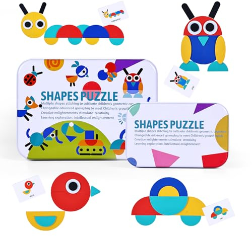 BBLIKE Smartgames Tangram für Kinder, 36 Montessori Spielzeuge aus Holz + 60 Designkarten, Lernspielzeug, klassisch, Sortier- und Stapelspiele für Kinder (Mehrfarbig)
