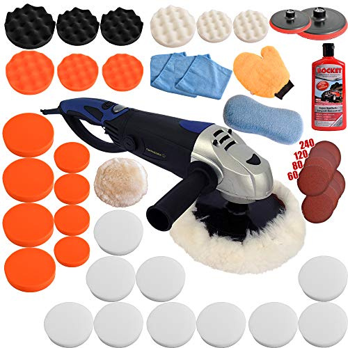 Duke-Handel Auto Poliermaschine 1600 W Set mit digitalem Display & 180° Drehgriff – Inkl. 48-tlg. Zubehör-Set, Politur & Schleifpapier (Set 5)