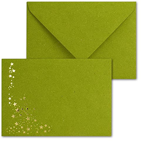 50x Weihnachts-Briefumschläge - DIN C6 - mit Gold-Metallic geprägtem Sternenregen -Farbe: Kraftpapier Hellgrün (Grün) - Nassklebung, 120 g/m² - 114 x 162 mm