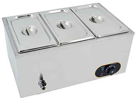 Commercial Bain Marie, 1500W Electric Food Warmer Stainless Steel Steam Table Temperature Control with Covers, Drain Tap, GN 1/3 Containers -150mm x3