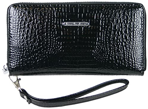 Jennifer Jones Echt-Leder Damen Geldbörse - Modische Croco Glanz Optik - RFID (XL, Schwarz)