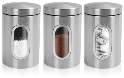 Vivo Technologies Kitchen Canister Set 3 Piece Stainless Steel Coffee Tea Sugar Clear with Glass Viewing Window & Airtight Lids,Silver Dried Fruit Storage Food Storage Container for Kitchen