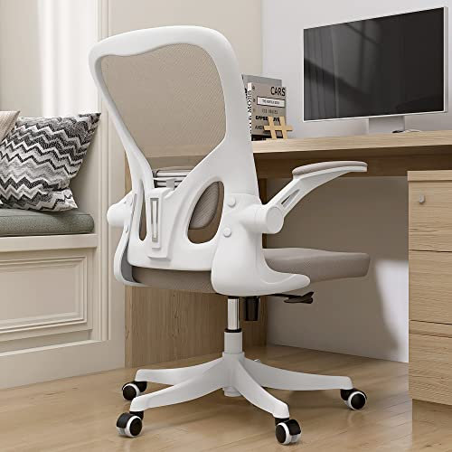 Monhey Silla de Oficina ERGONÓMICA - Soporte Lumbar y Reposacabezas Ajustable, Brazos Abatibles, Respaldo Alto Reclinable (90°-130°), Malla Color Beige Arena - para Estudio/Home Office