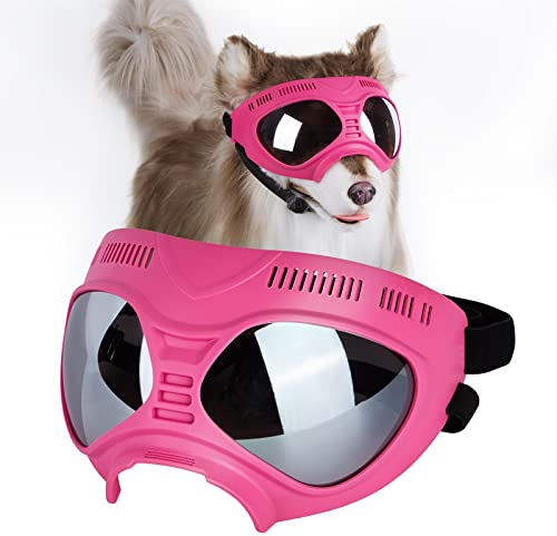 Ownpets Anti-UV Hundebrille, Sonnenbrille, Hund Fliegerbrille für Mittlere und Große Hunde, Winddicht, Verstellbar, Rosa Rahmen mit Silber Linse