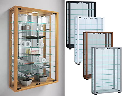 VCM Glasvitrine hängend | Vitrine Glas mit ESG-Sicherheitsglas | Maße ca. H. 91 x B. 59 x T. 18 cm| Hängevitrine Glas | Modern und platzsparend | Vitrine Glas - Vitrosa Mini Spiegel Kern-Nussbaum