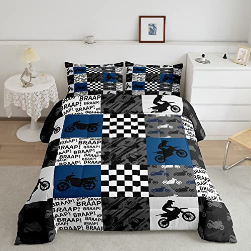 Dirt Bike Bettwäsche-Set, volle Größe, schwarz, grau, blau, Motocross-Fahrer, Tröster-Set, Kinder, Jungen, Teenager, Männer, Schlafzimmer, Renn-Thema, Patchwork, Gitter-Steppdecke, Set, modische