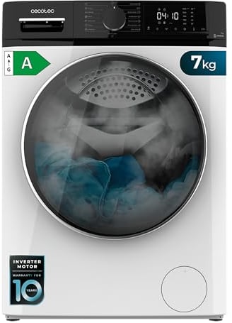 Cecotec Lavadora de Carga Frontal 7 Kg Bolero Dresscode 7610 Inverter A, Carga Frontal Blanca de 7 Kg de Capacidad, 1400 Rpm, Clase A, Función Con Vapor, Motor Inverter Plus, 15 Programas