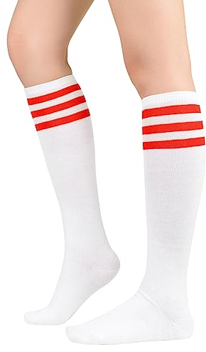 Durio Kniestrümpfe Damen Winter Hohe Socken Damen Thermo Lange Strümpfe Damen Warme Lange Socken Weiße rote Streifen Einheitsgröße