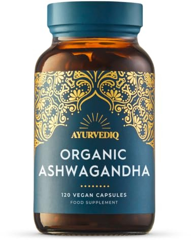 Ayurvediq Organic Ashwagandha Root 640mg with Pepper, 120 Vegan Capsules | Withania Somnifera, Whole Root Powder, Soil Association Certified, Karnataka Grown, Amber Glass Bottle, No Fillers