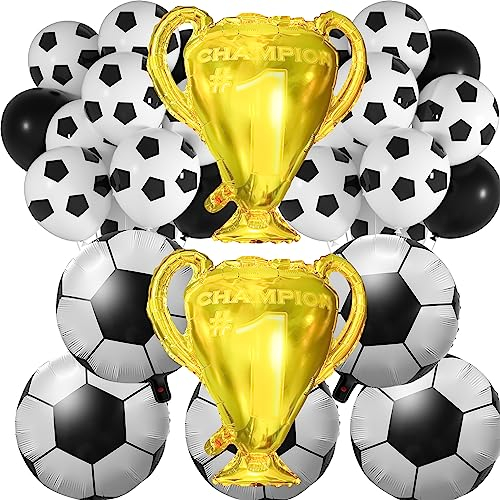PLULON 31Pcs Football Party Decorations - Large Trophy Gold Foil Soccer Balloons, Latex Balloons With Ribbon for Kids Boys Birthday, Football Match, Sports Themed Party Supplies