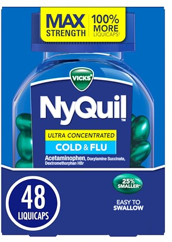 NyQuil Ultra Concentrated Cold and Flu Medicine, Nighttime, Relief for Cough, Sore Throat, Fever, Congestion, Easy to Swallow, Easy to Open Bottle, 48 LiquiCaps