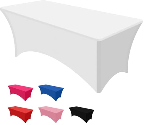 PLULON 6FT weiße Tischdecke rechteckig tailliert Stretch-Tischdecke waschbar elastische Spandex-Tischdecke Tischschutz für Abschluss Terrasse Picknick Hochzeit Geburtstag Bankett Party Tischdekoration