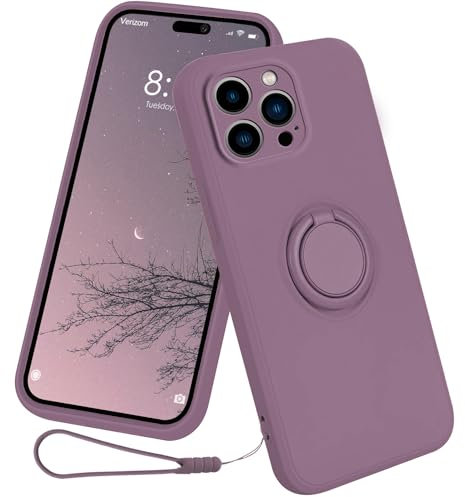 CAIOUS Case for iPhone 15/15 Plus/15 Pro/15 Pro Max(2023 Released), Silicone Case with Ring 360°rotatable Kickstand Support Magnetic Car Mount Cover with Strap Lanyard (15 Pro Max, Purple)