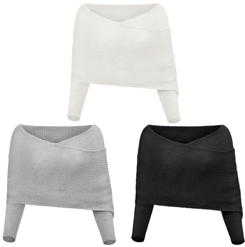 Chuarry Strickschal mit Ärmeln für Damen, Muttertagsgeschenk, Pullover, Schal, gemütlich, gehäkelt, warm, Geschenk für Erwachsene, 3 Stück, Weiß, Grau, Schwarz, 13 x 9.45 x 2.75 inches