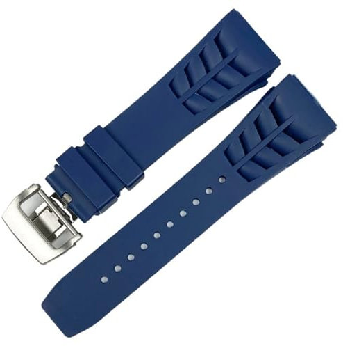 AEMALL 25mm Gummi Silikon Uhrenarmband für Richard Mille Strap Edelstahl Faltschließe Blau Band Uhr Zubehör Blau Band, 25mm Black Buckle, Achat