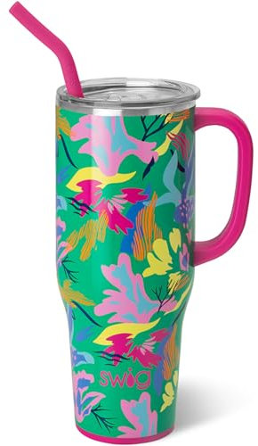 Swig Life Mega tazza, bicchiere da 1,18 l, con manico e cannuccia, adatto al portabicchieri, lavabile in lavastoviglie, bicchiere isolante extra large, in acciaio inossidabile (Paradise)