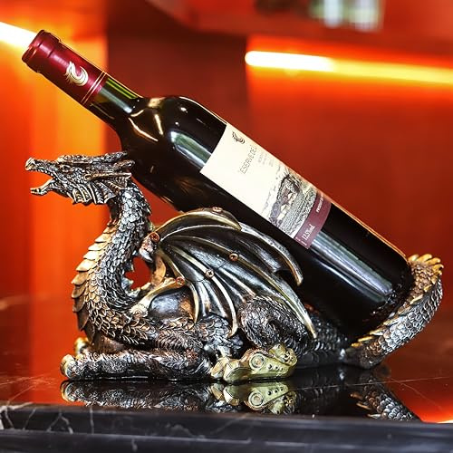 HEINBOW Steampunk Dragon Wine Bottle Holder Steampunk Dragon Statue Wine Rack Gothic Decor Metallic Look Fantasy Tabletop Statue for Home Decor Gifts for Men, 11050