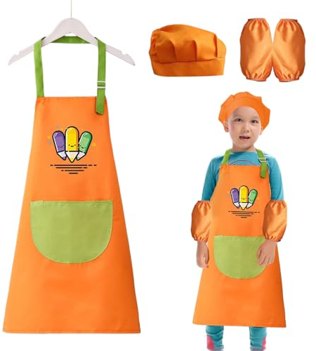 Yiyifor Delantal Niño, Babi Escolar Infantil,Delantal para Niños y Gorro de Cocinero y Mangas Set,Delantales de Cocina con Bolsillos,Delantal para Niños,para Hornear Pintar Artesanía (6-11 Años)