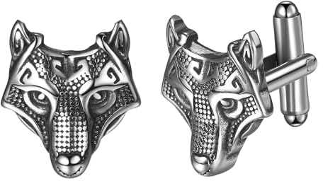 JewelryWe Manschettenknöpfe Herren Wikinger Wolfskopf: Edelstahl Nordische Mythologie Viking Wolf Kopf Manschetten Knöpfe Cufflinks Silber Geschenk für Ehemann Freunden Vater