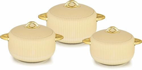 Sterling Ventures Rivoli Thick Insulated Thermal Food Container Casserole Hot Pot Set 3PC 1.8L/2.4L/3.2L (Ivory with Plastic Lid)