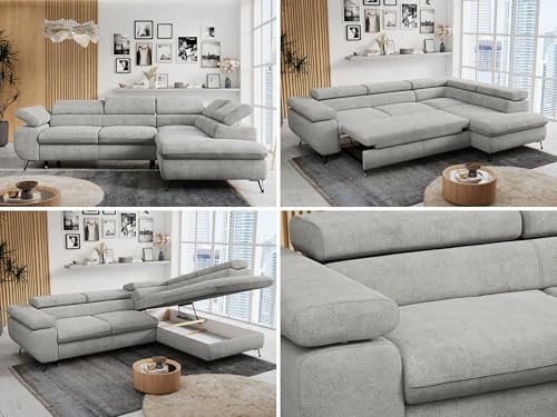 MKS MEBLE Ecksofa Sofa Grau, Wohnlandschaft L-Form mit Schlaffunktion und Bettkasten, Schlafsofa mit Bettkasten, Sofa mit Einstellbare Kopfstützen, Peter L - Hellgrau Struktur - Rechts Grau