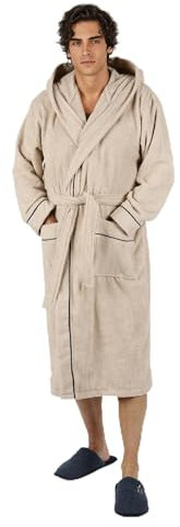 COFI 1453 Bademantel lang, Herren, mit Kapuze Frottee Saunamantel L/XL Beige