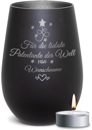 PR Print Royal Schwarzes Windlicht mit Gravur - Für die liebste Patentante - mit Name Personalisieren - Geschenk für für Patentante | Individuelle Gravur inkl. Teelicht, 450 ml, Innen Silber