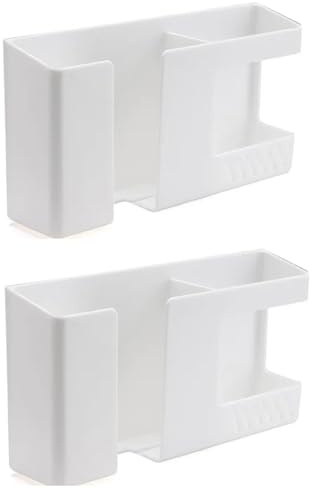 Orco 2-Pack Wall Mount Phone Holder & Remote Organizer, No-Drill Adhesive Bedside Shelf with Charging Port for Smartphone, AC Remote & Stationery, Damage-Free Tech Storage for Office & Home (White)