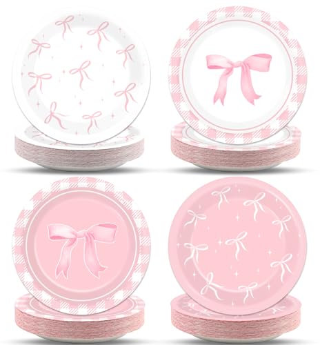 Justforjoyful Coquette 48pc Pink Bow Party Supplies - 7' Pink Bow Plates & Decor for Girl's Birthday, Bachelorette, Bridal, Engagement & Baby Shower - Cute Tableware & Dinnerware for 48 Guests