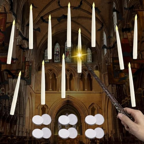 Candele Sospese con Telecomando a Bacchetta,12 Pezzi Candele Galleggianti Senza Fiamma,Luce Calda Lampeggiante Candela LED,Set Candele LED Senza Fiamma per Decorazioni per Feste di Natale (matita)