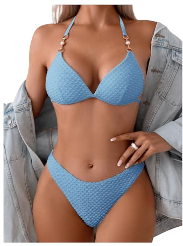 GORGLITTER Bikini Damen Set Mit Ketten Neckholder Bikini Set Triangel Bikini Sexy Zweiteiliger Badeanzug Mit Perlen Bademode Hellblau M