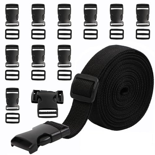 REAQUE 10M Gurtband 30mm Nylon Gurtband mit 12 Paare Schnallen, Strapazierfähiges Gurtband und Side Release Schnallen Clips für DIY Handwerk Rucksack Umreifung Tasche Gurtband Gepäck Befestigung Gurt
