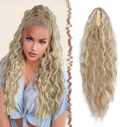 FESHFEN Pferdeschwanz mit Klammer, Lange Wellig Lockig Haarextension Synthetik Zopf Haarverlängerung Claw Clip in Haarteil Ponytail für Damen 65cm Dreckiges Blond