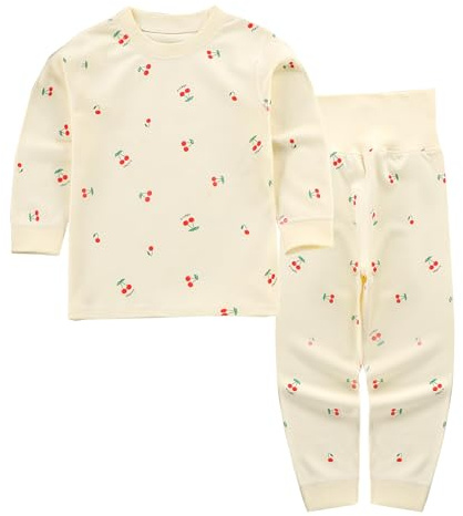 YANWANG 100% Baumwolle Baby Kinder Schlafanzüge Jungen Mädchen Pyjamas Set Langarm Nachtwäsche（Cherry，1-2 Jahre）