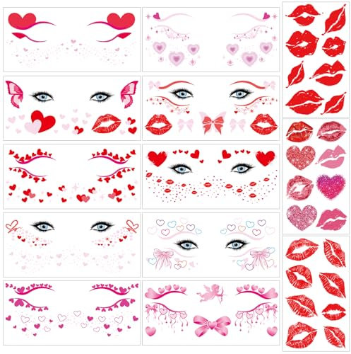 BOOMTOP 14 Blatt Face Art Sticker Herzen Temporöre Tattoos Glitzer Lippen Gesichtstattoo Selbstklebend Herzchen Aufkleber Rot Lippen Körper Klebetattoo für Valentinstag Jahrestag Karneval Makeup